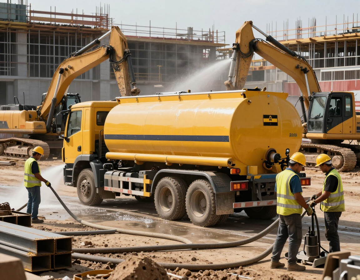 Camión cisterna amarillo rociando polvo en una obra en construcción con excavadoras y trabajadores con cascos.