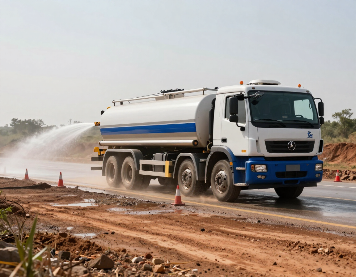 Un camión cisterna blanco rocía agua sobre un camino embarrado en una obra en construcción.