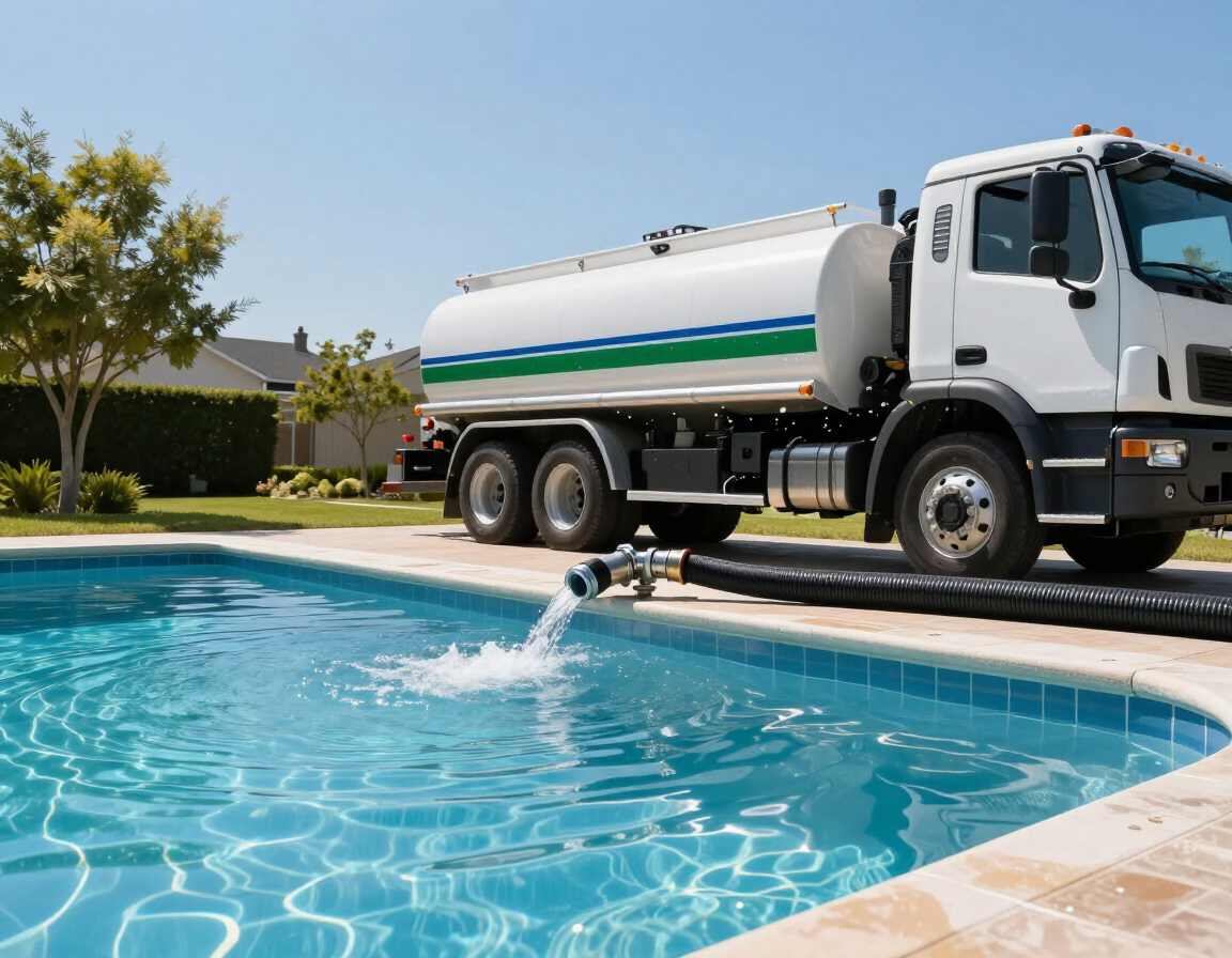 Un camión cisterna llena de agua la piscina de un patio trasero en un día soleado.