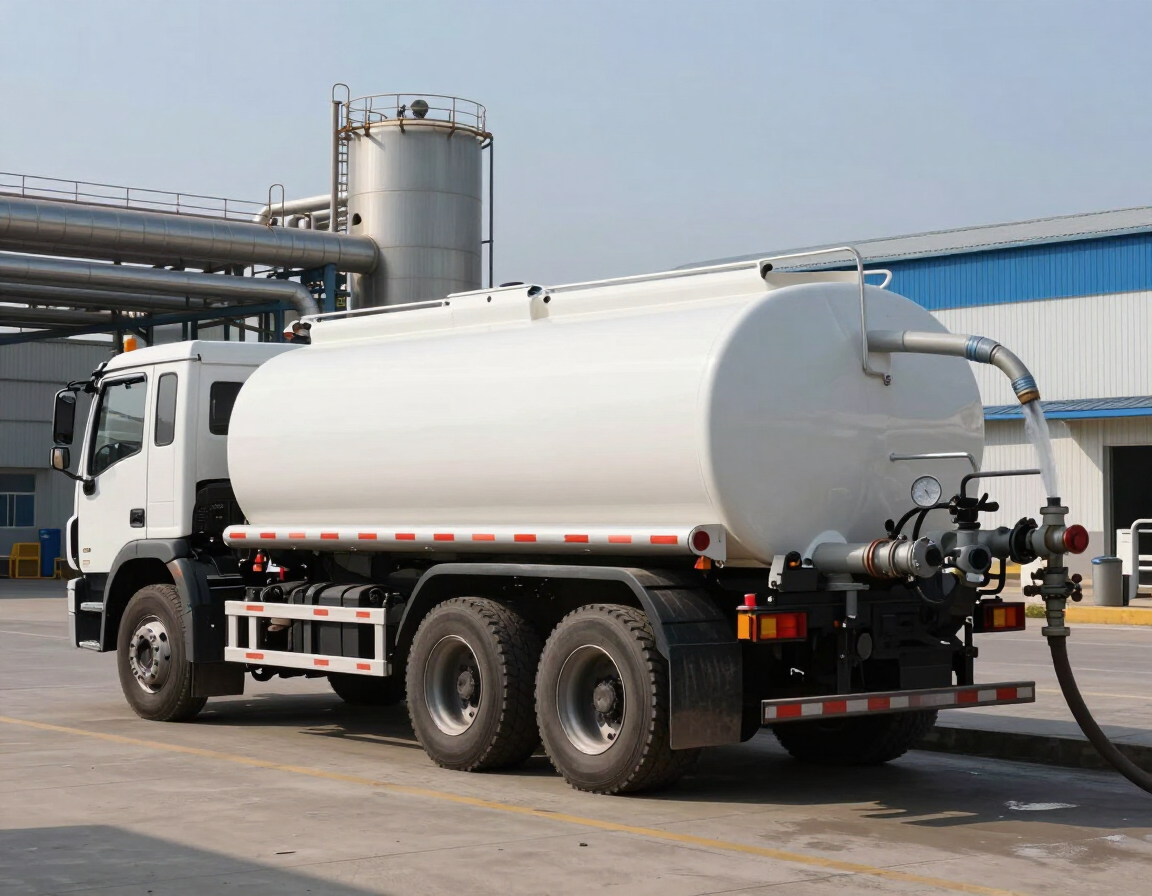 Camión cisterna blanco estacionado en una instalación industrial con tuberías y tanques de almacenamiento al fondo.