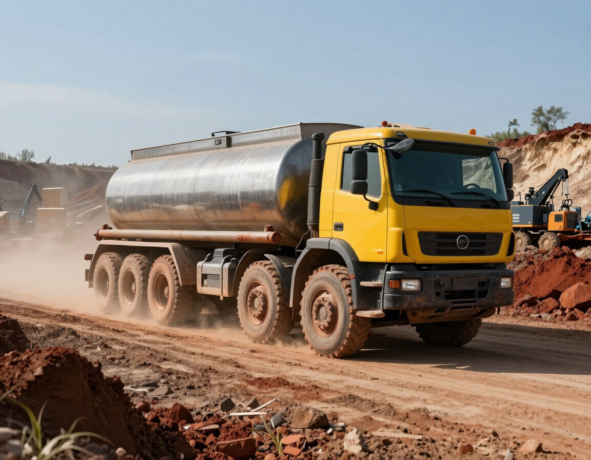 Camión volquete amarillo transportando tierra en una polvorienta carretera de construcción.