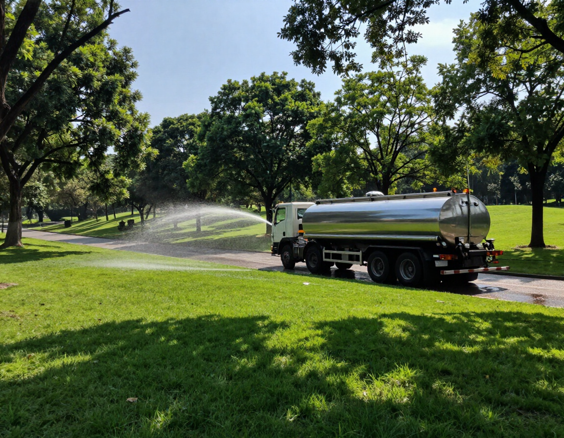 Un camión cisterna rocía agua en un camino de césped de un parque, bajo los árboles, en un día soleado.