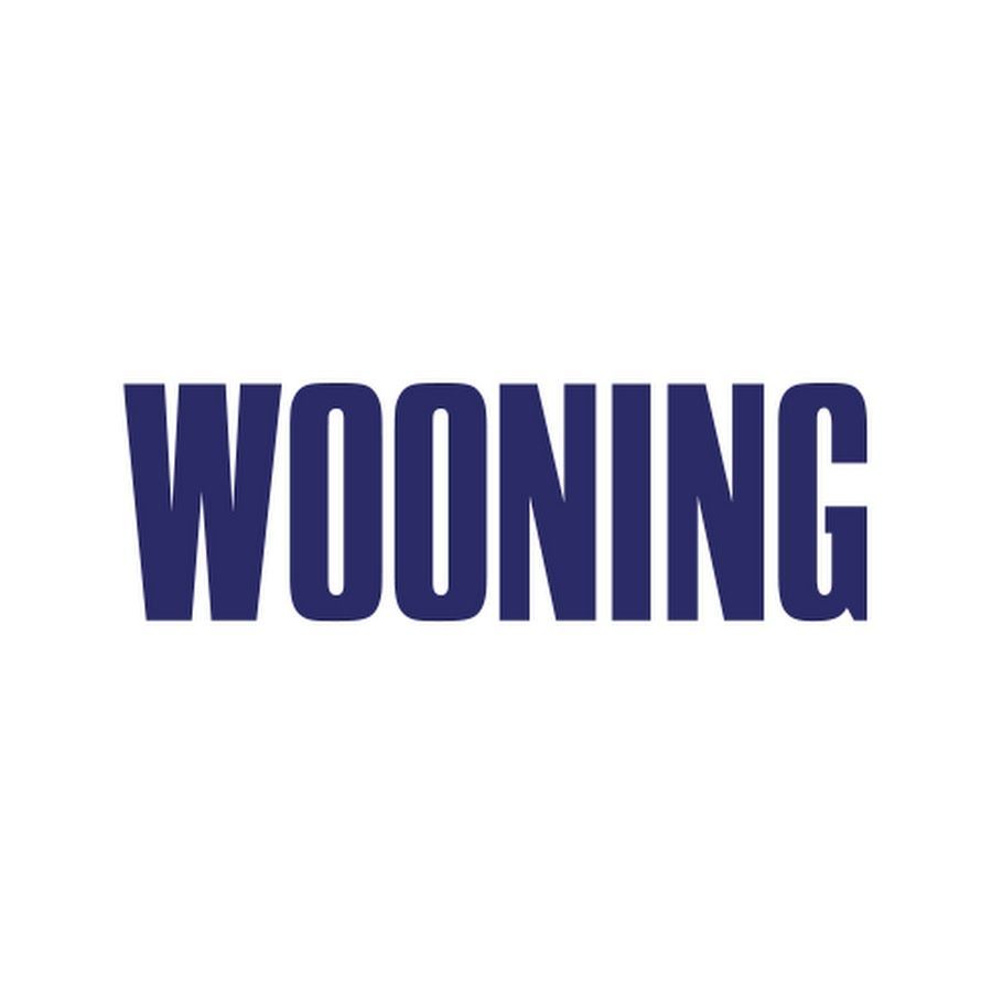 Een blauw logo voor wonen op een witte achtergrond