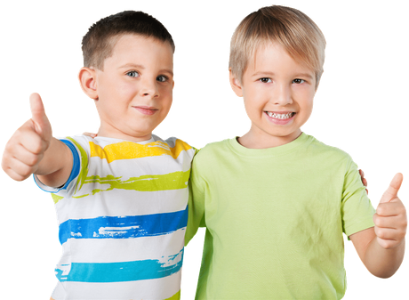 Two young boys are hugging and giving a thumbs up