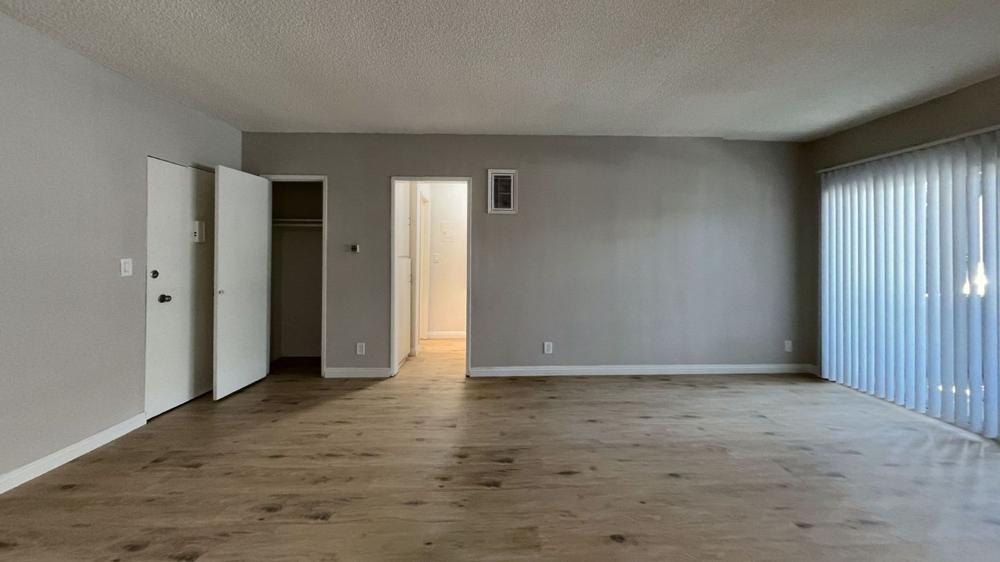 Empty apartment room with wood-look flooring, light gray walls, white doors, and large blinds.