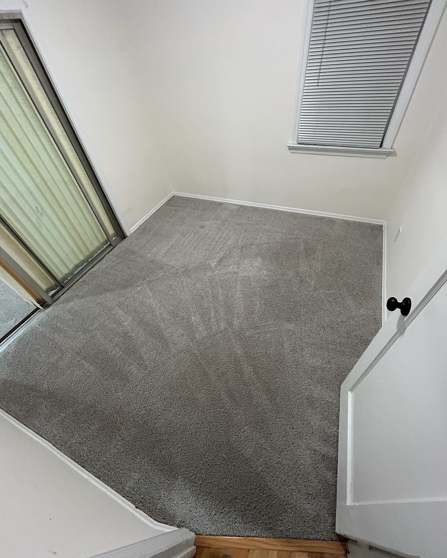 Carpeted empty room with white walls, closet doors, and a small window.