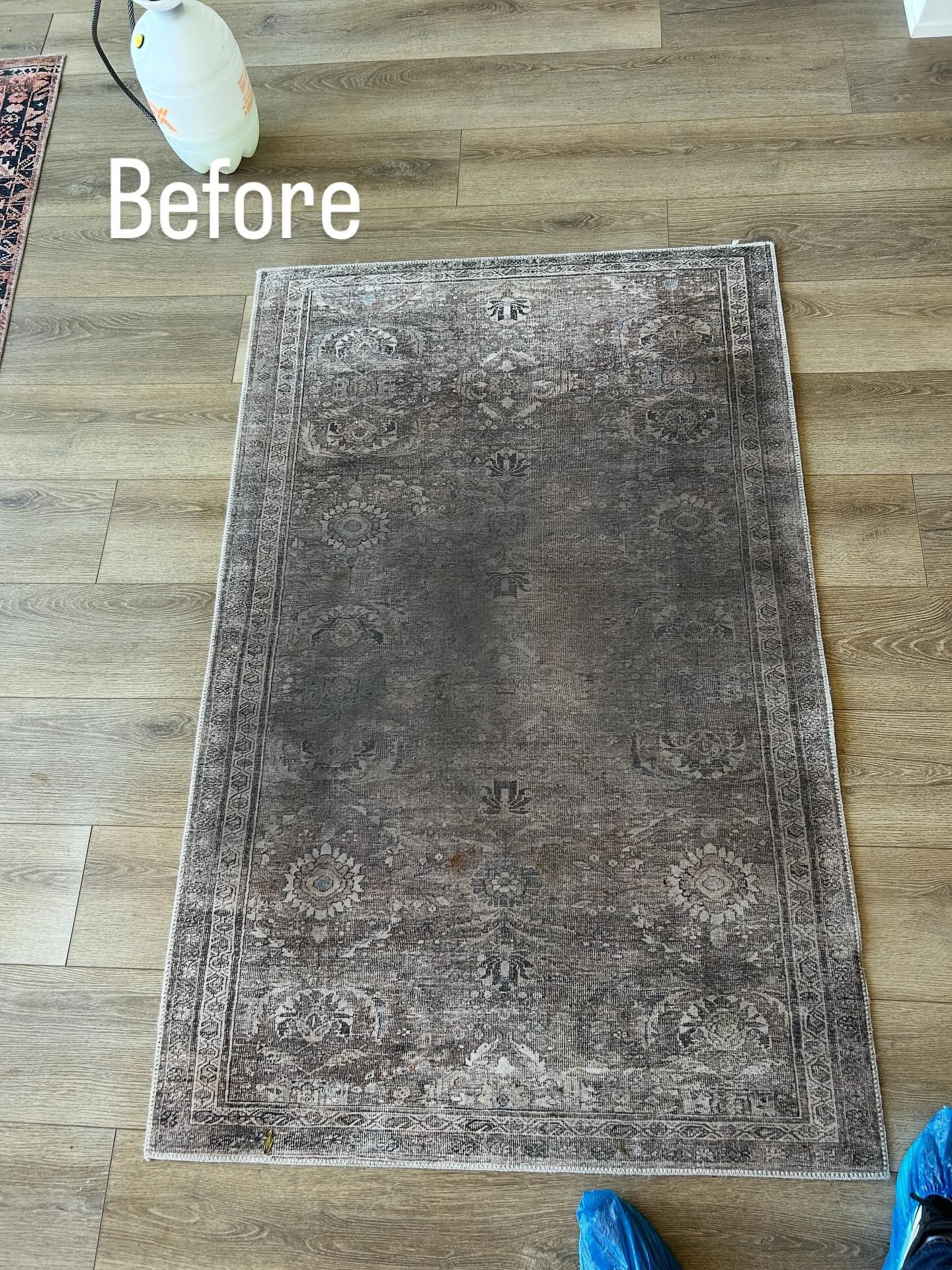 Worn gray area rug on a wood floor, labeled “Before” in the top left.