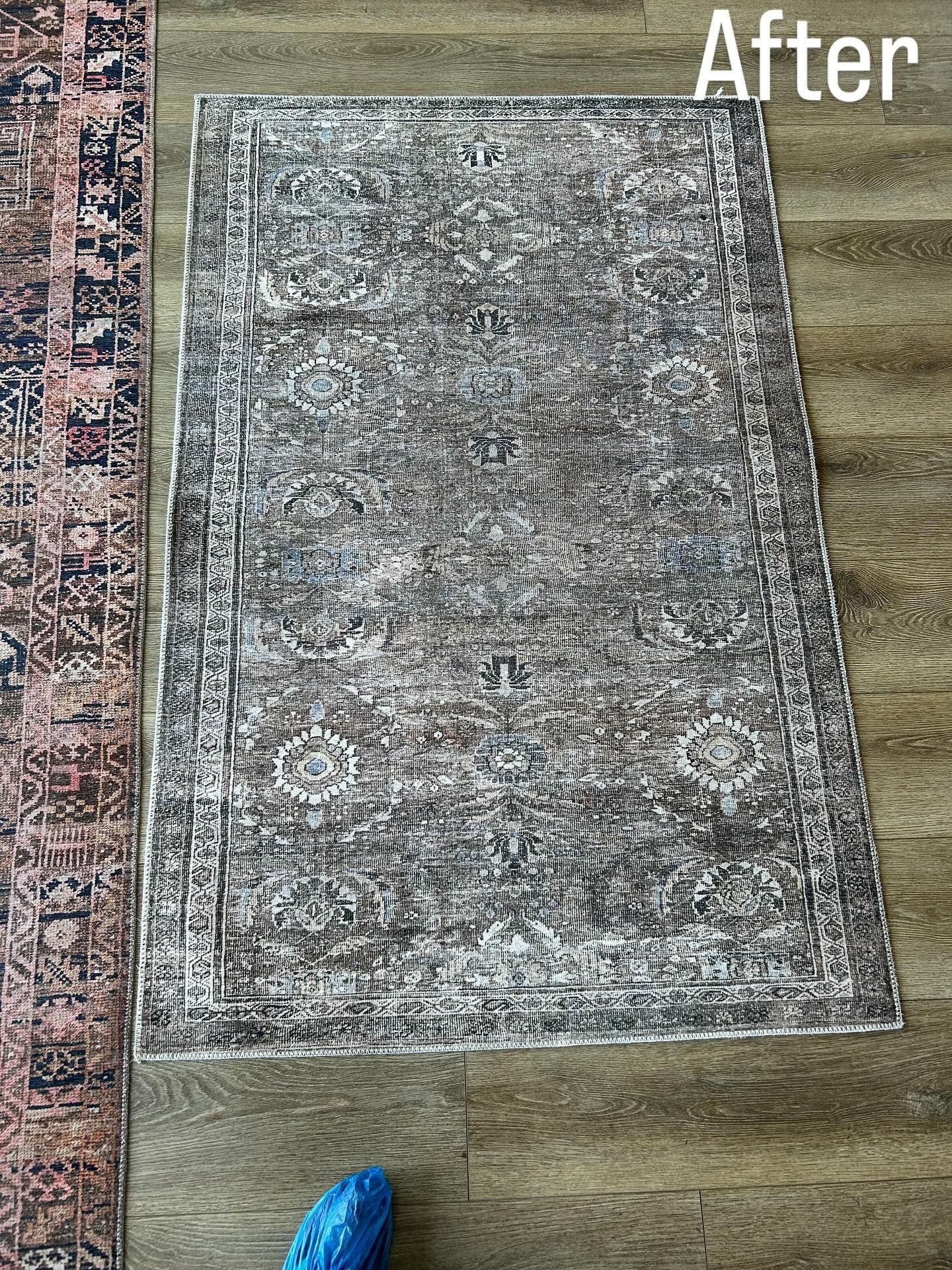 Before-and-after rug placement on a wood floor, showing a gray rug centered in the room.