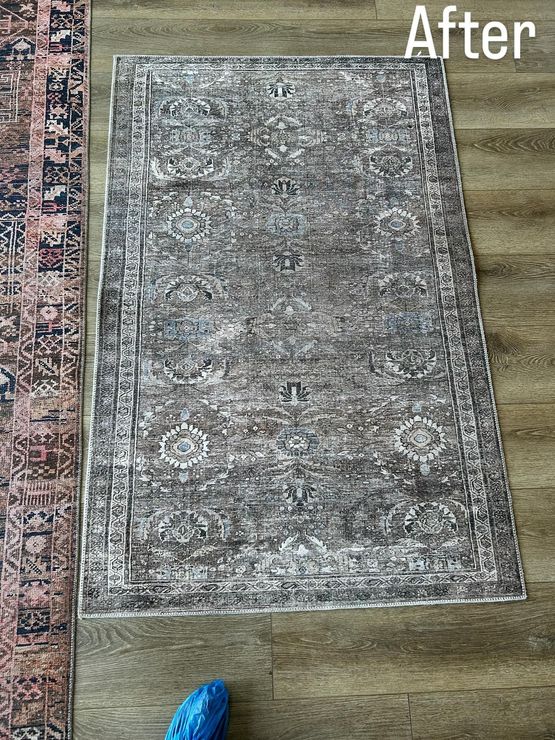 Before-and-after rug placement on a wood floor, showing a gray rug centered in the room.