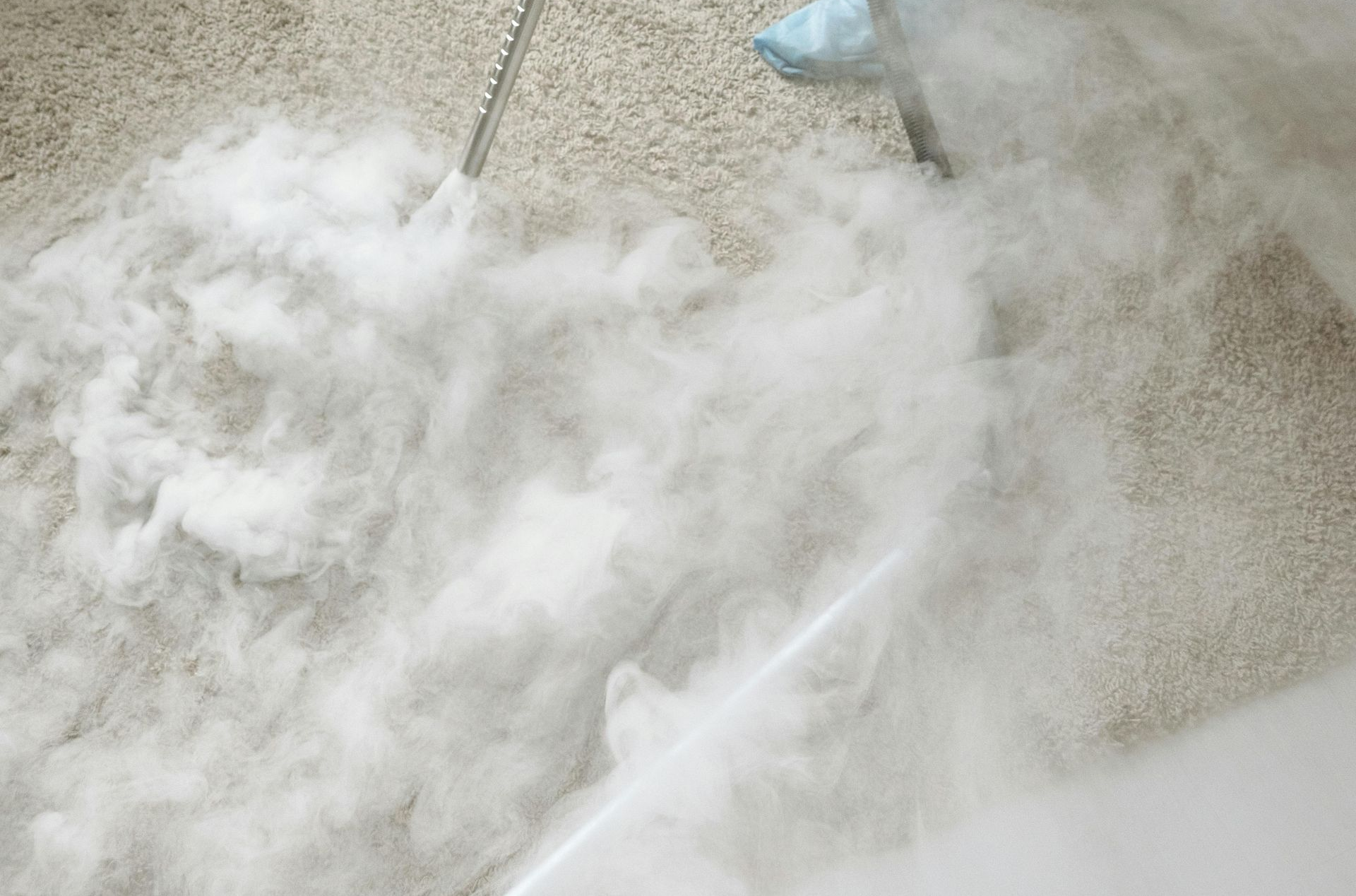 White cotton stuffing spilling over beige carpet near a blue plastic bag