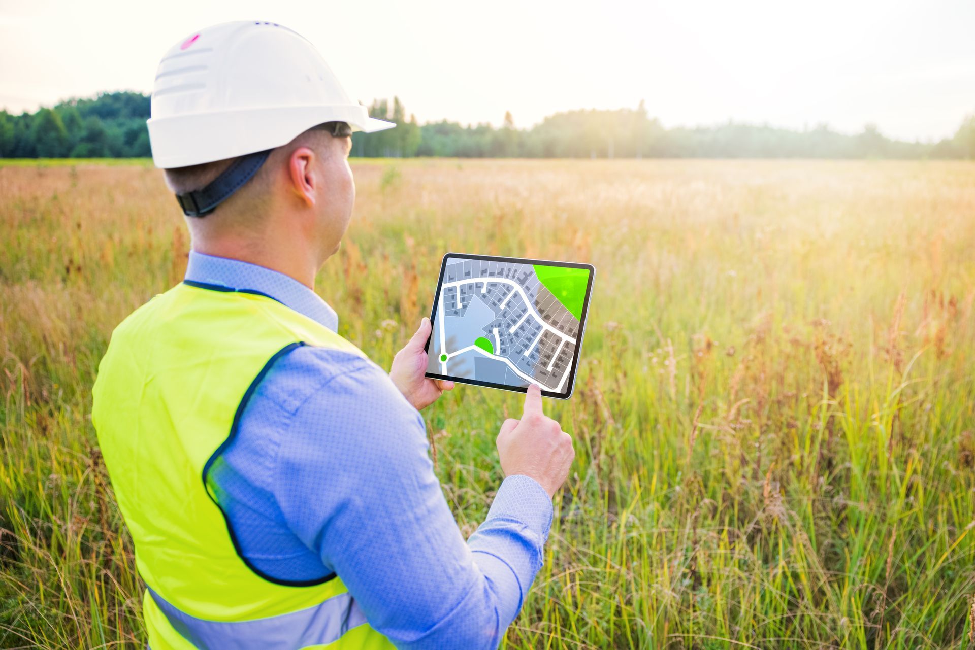 Residential land surveyor using a tablet with a plot map in a grassy field Residential land surveyor using a tablet with a plot map in a grassy field