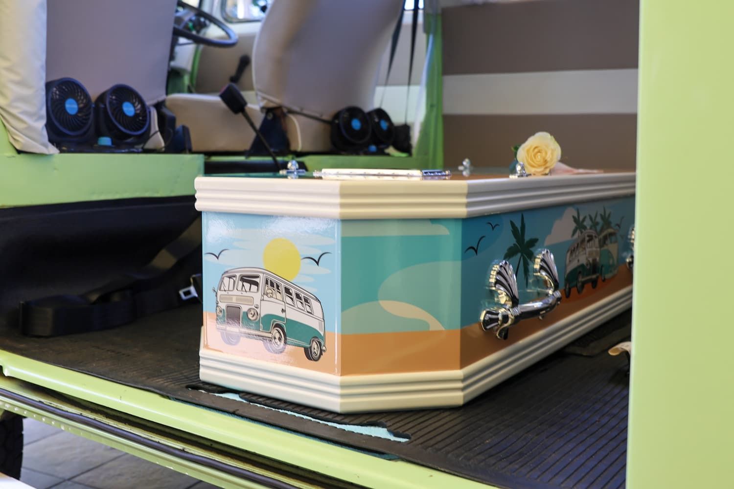 A coffin with a picture of a van on it - Funeral Services in Upper Coomera, QLD