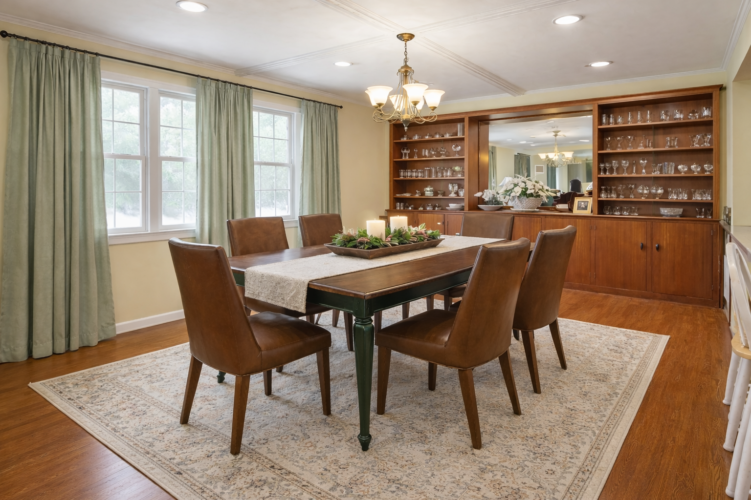 A dining room featuring a wooden table with brown leather chairs on a light patterned rug, framed by green curtains.