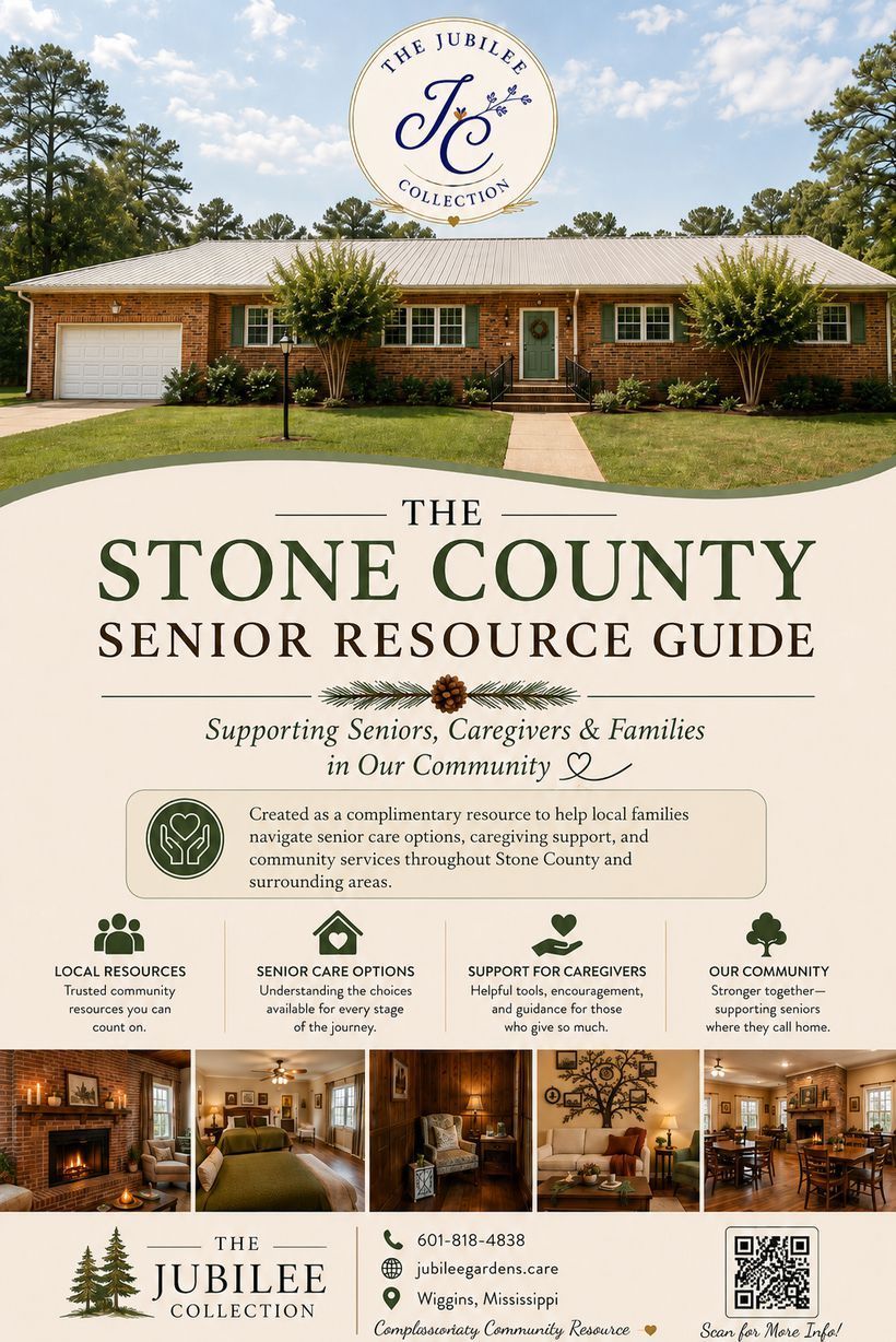 Stone County Senior Resource Guide flyer with building photo, event details, and Jubilee logo at bottom