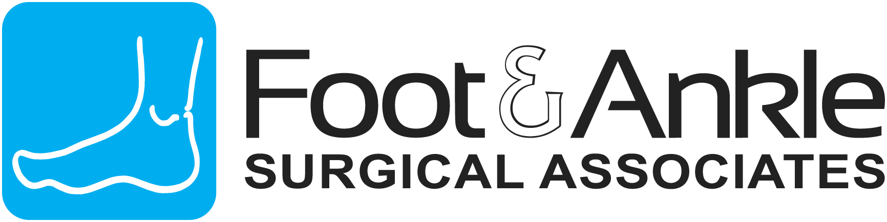 Logo for Foot & Ankle Surgical Associates: a foot illustration in a blue square with the company name in black.