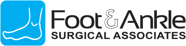 Logo for Foot & Ankle Surgical Associates: foot graphic in blue square, text 