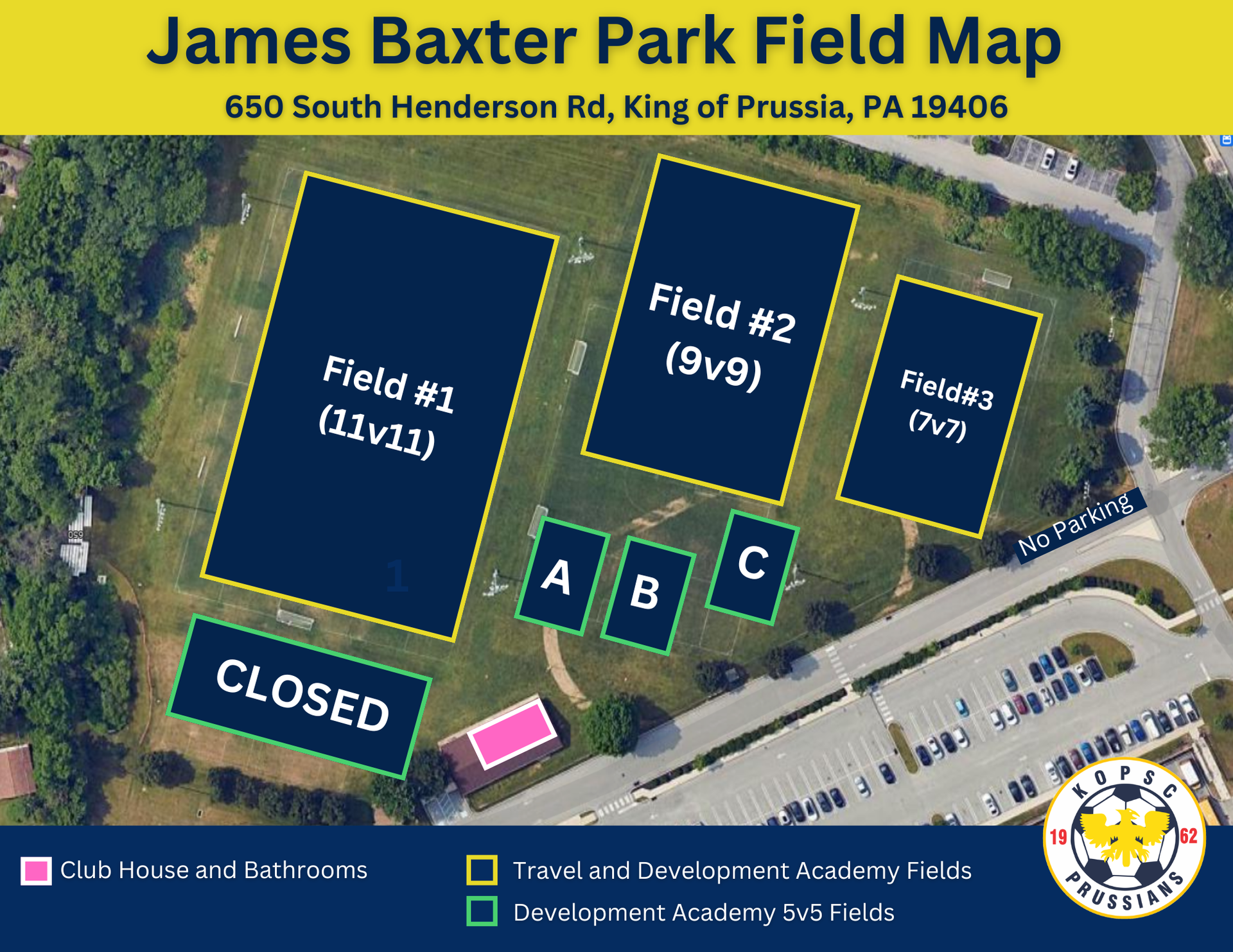 Aerial map of James Baxter Park in King of Prussia, PA, showing layouts for soccer fields #1, #2, #3, and area A, B, C.