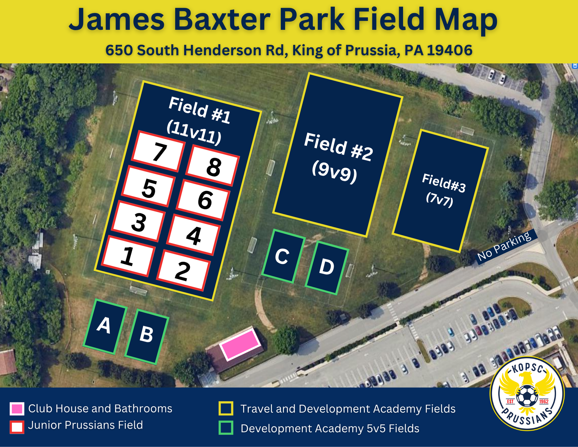 Aerial map of James Baxter Park in King of Prussia, PA, showing layouts for soccer fields #1, #2, #3, and area A, B, C.