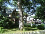 A house is surrounded by trees and a wooden fence.