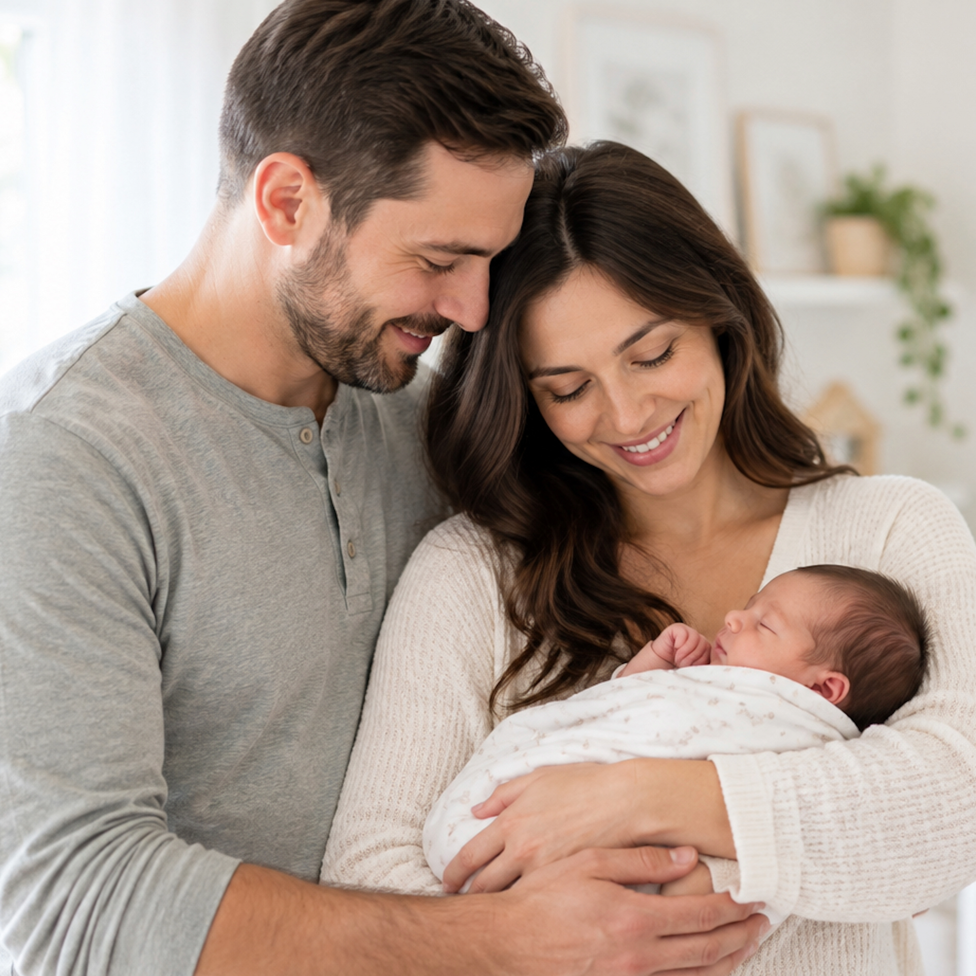 Parents cradling their newborn baby