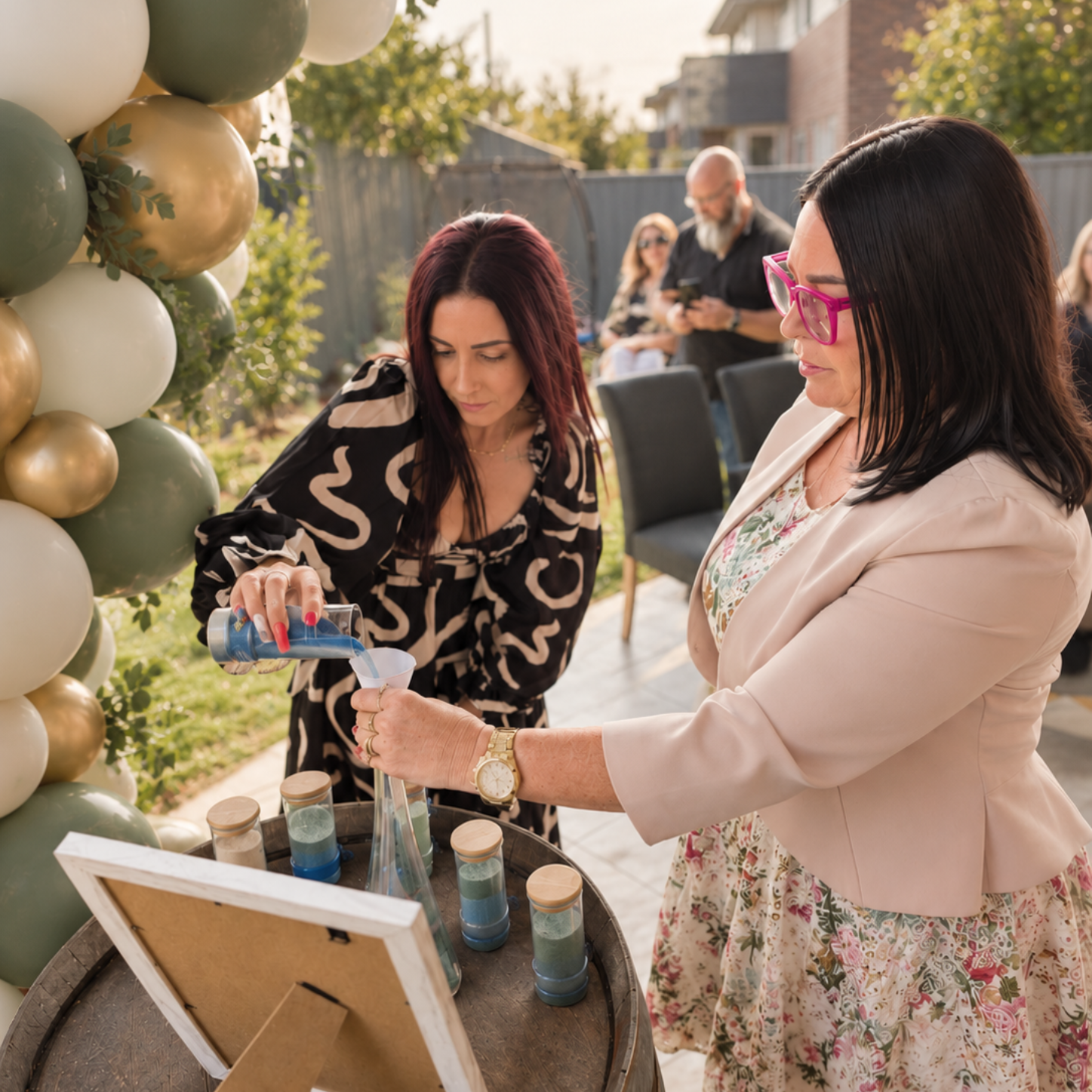 Guests taking part in a sand ceremony at an outdoor celebration