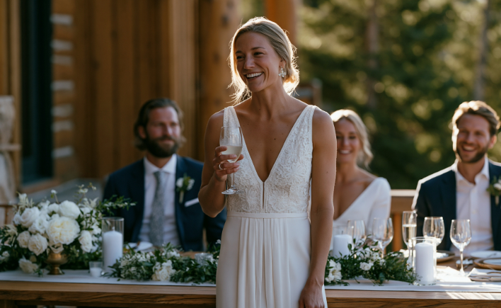 Bride raising a glass at the reception table