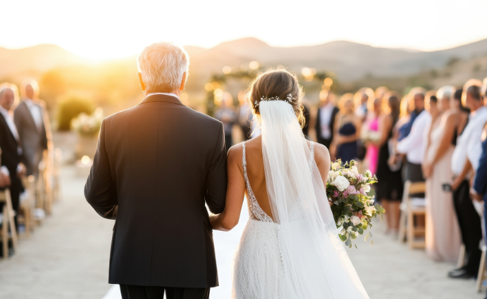 Father walking the bride down the aisle at an outdoor ceremony