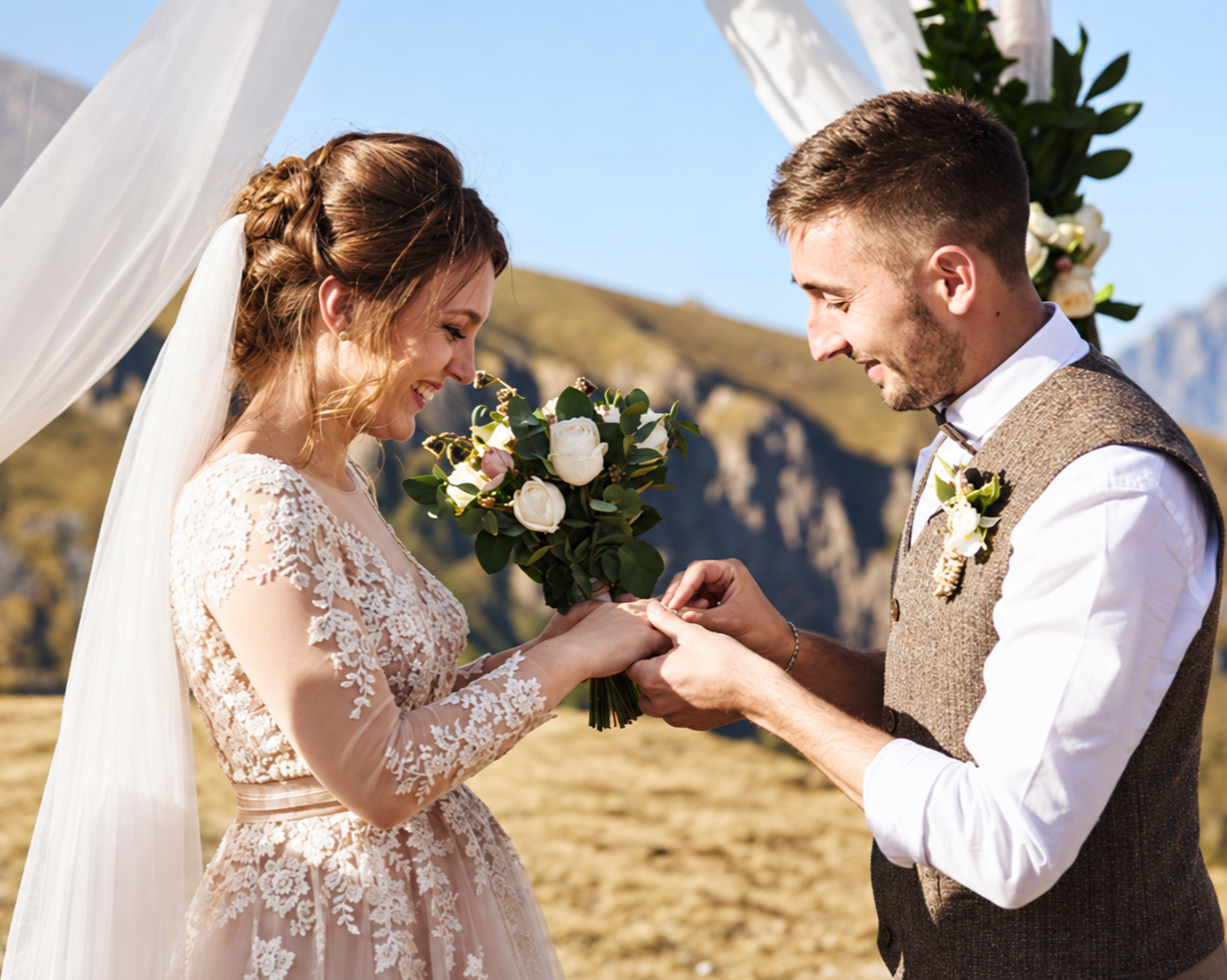 Groom placing a ring on the bride’s finger at an outdoor ceremony