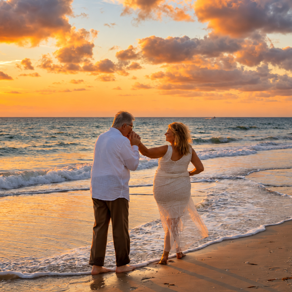 Couple walking hand in hand along the beach at sunset