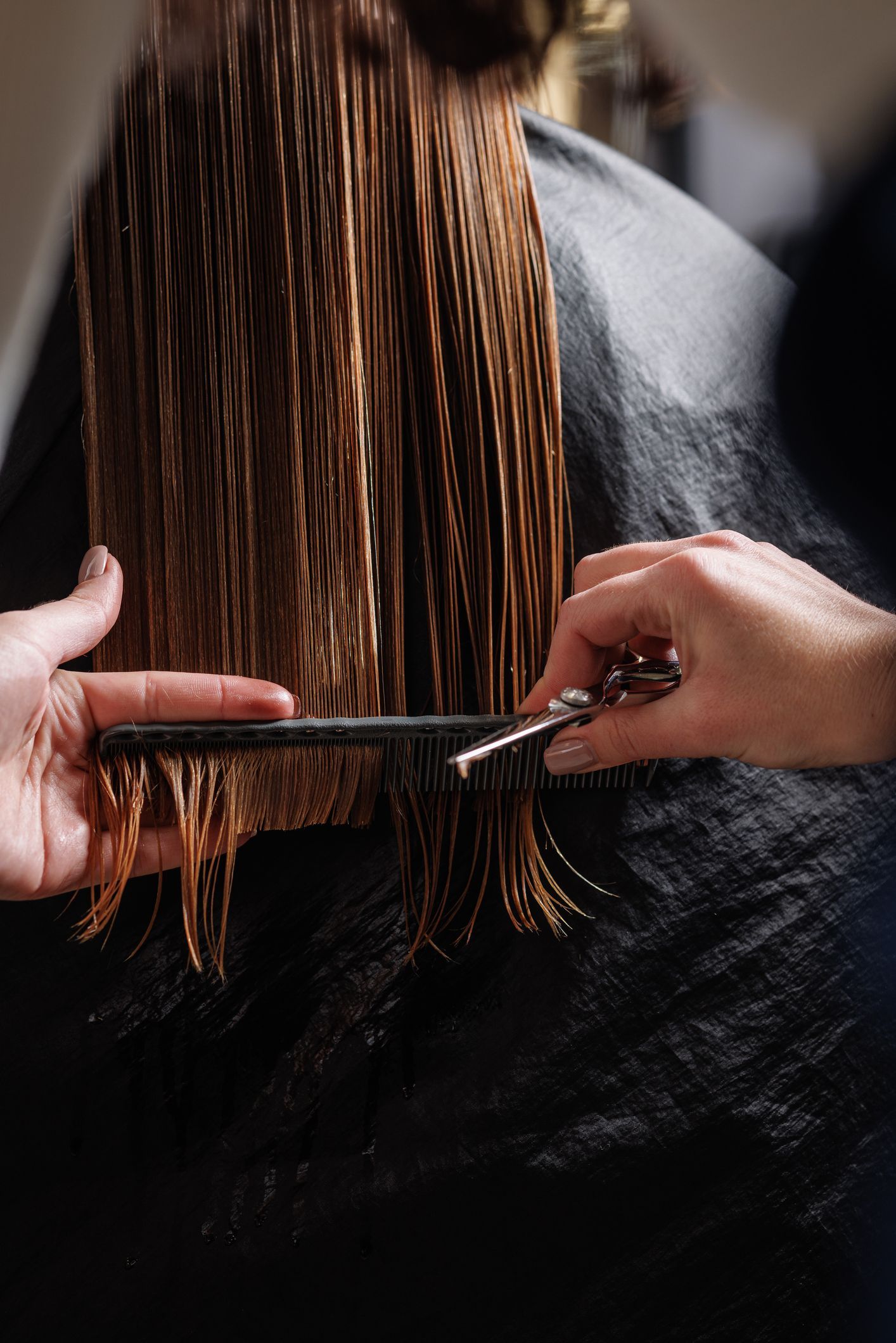 Hairdresser cutting wet hair with scissors and comb.