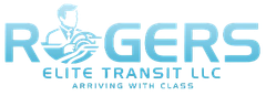 Logo of Rogers Elite Transit LLC. Blue text with a person figure holding a steering wheel. 