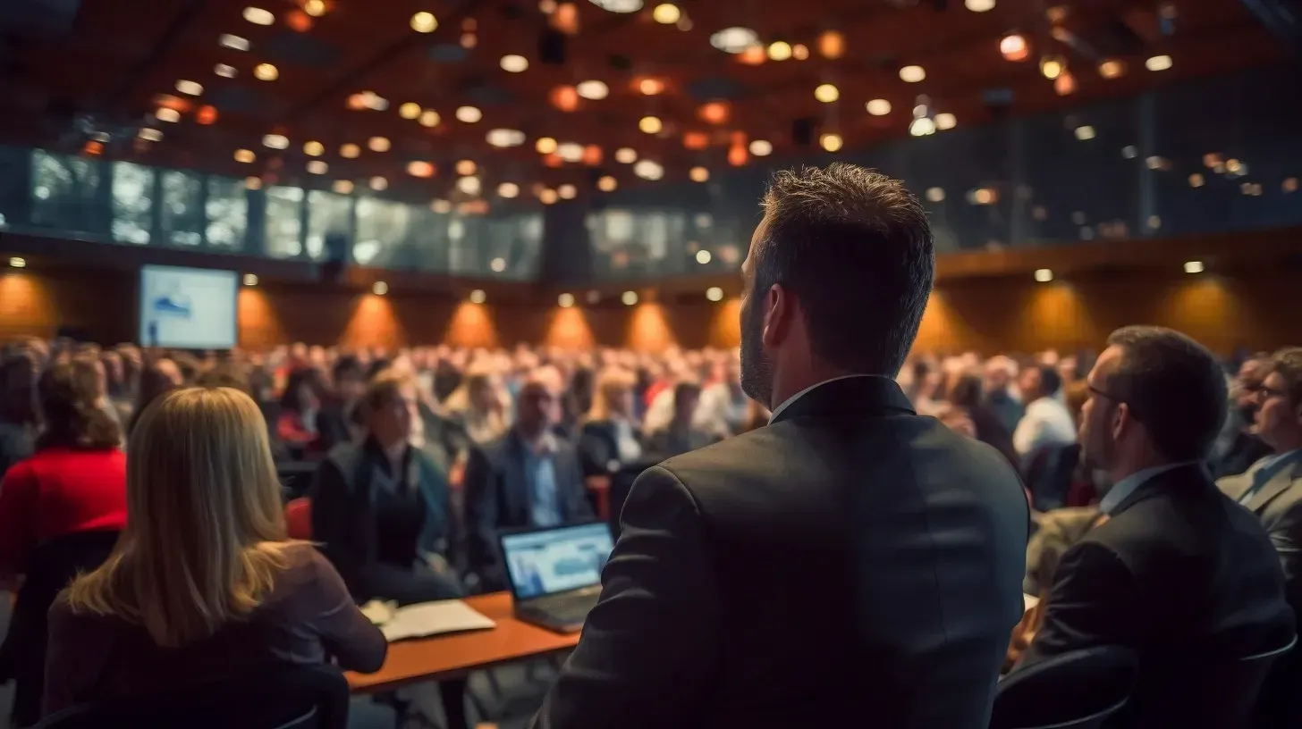 Man in suit addresses a large audience in a conference hall with warm lighting.