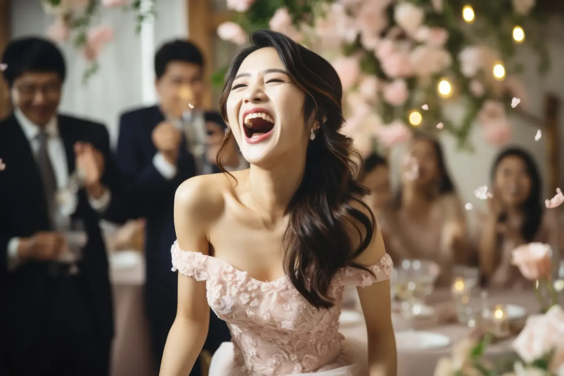 Woman in pink dress laughs at a wedding reception, flowers overhead, guests clap.