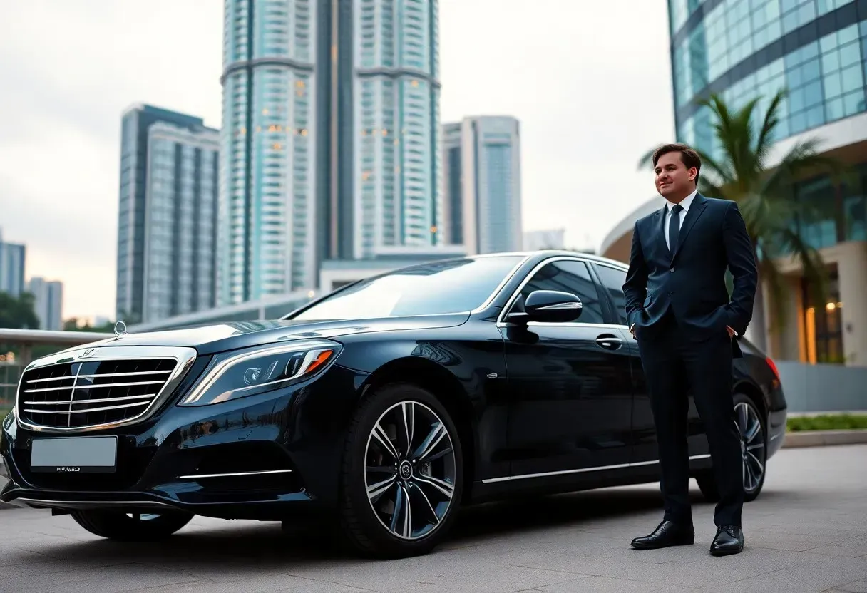 Man in suit stands beside a black Mercedes sedan, city buildings in the background.