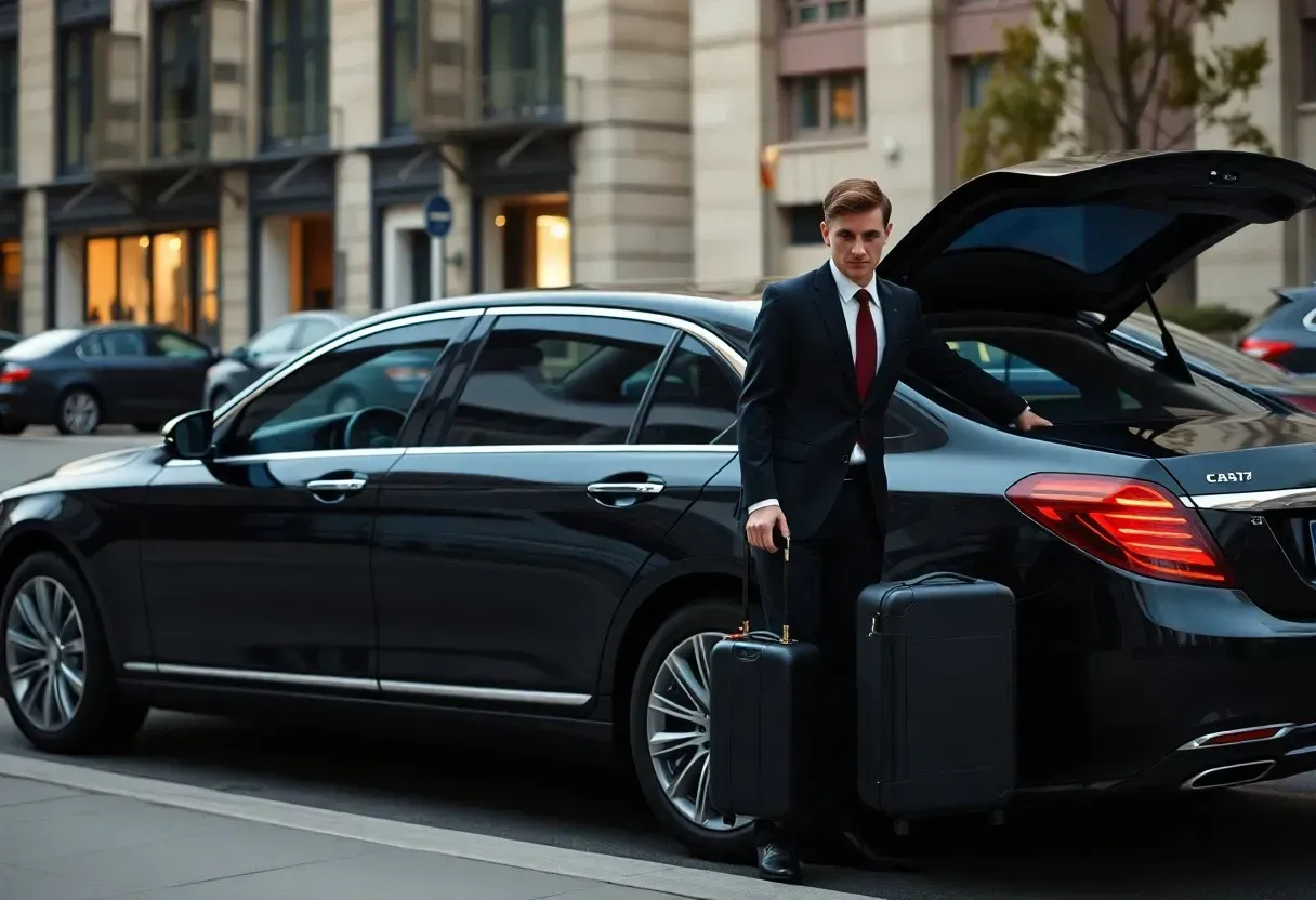 Man in suit with luggage by a black sedan, on a city street.