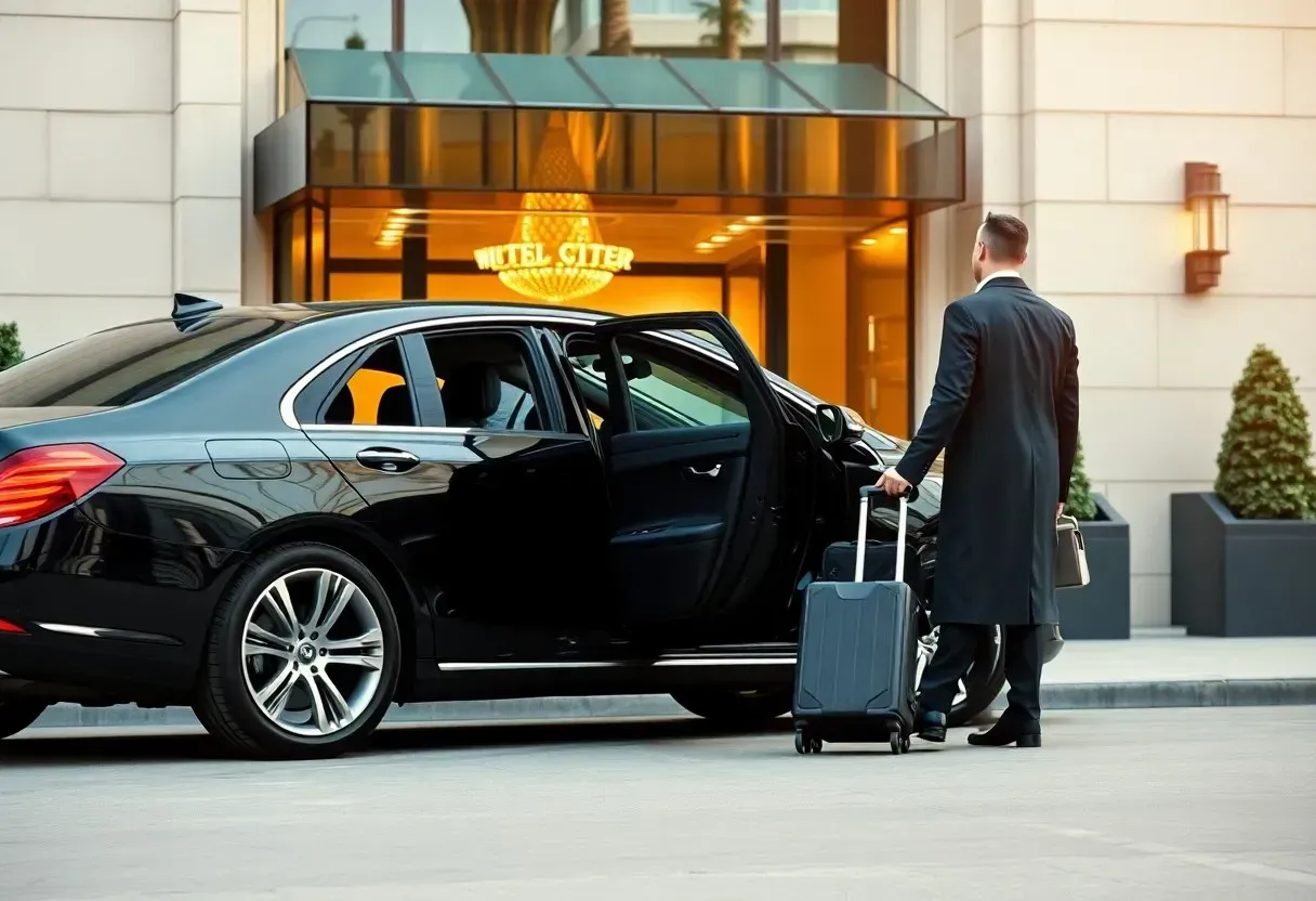 A man in uniform opens a car door, holding luggage in front of a hotel entrance.