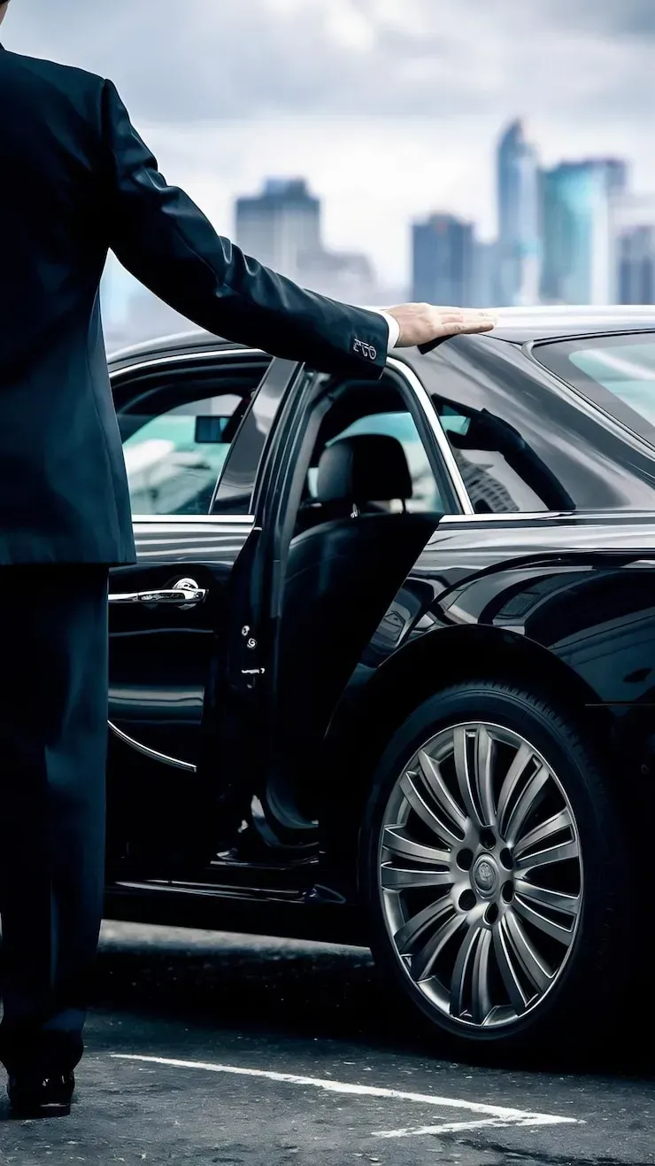 Man in suit opens car door of black luxury car, city skyline in background.