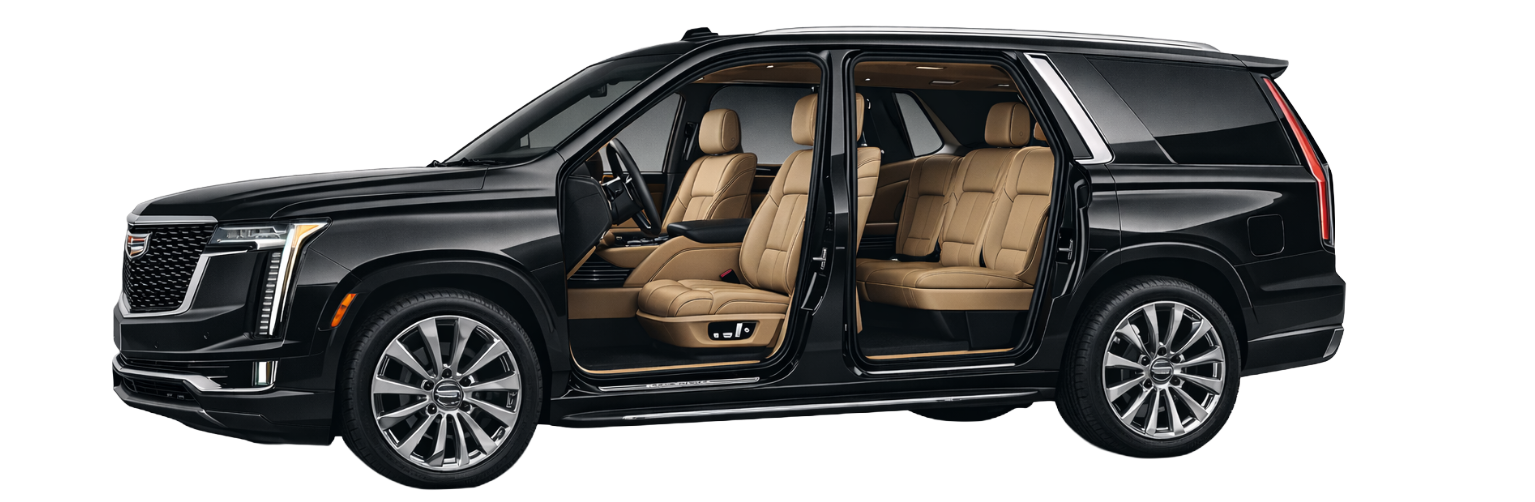 Black Cadillac Escalade SUV with open doors, tan interior, and chrome rims.