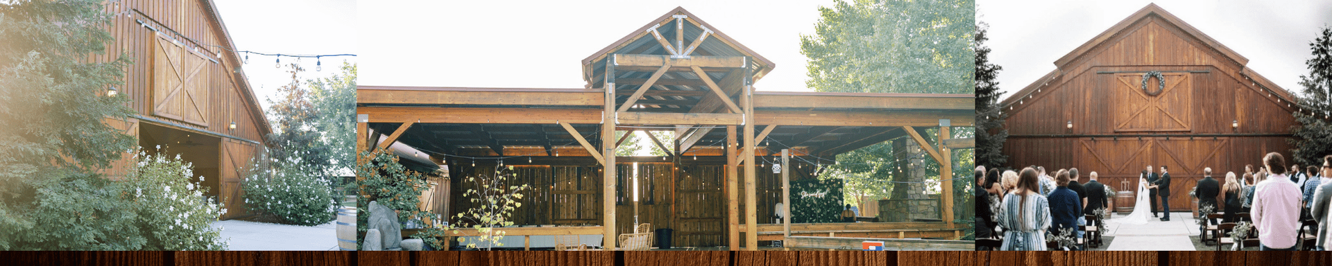 Rustic wooden building with a covered entrance and people gathered outside in a landscaped setting