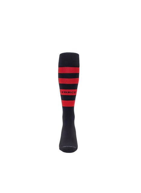 A pair of black and red striped socks on a white background.