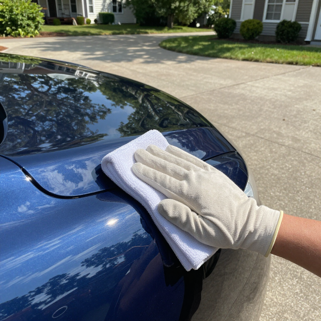 Gloved hand wiping a blue car’s hood with a white cloth in a driveway