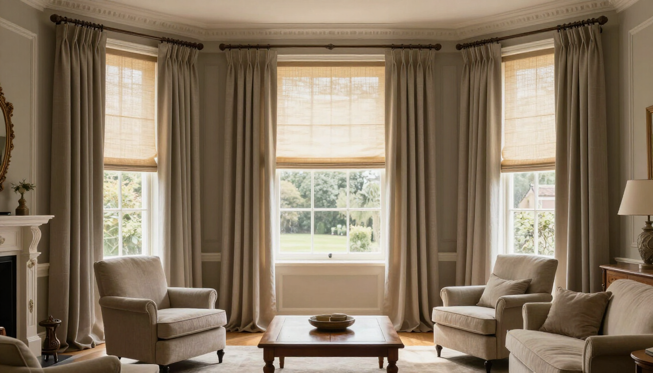 Elegant living room with beige armchairs, large bay windows, and neutral curtains