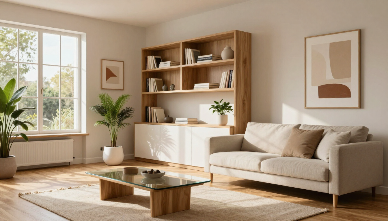 Bright modern living room with beige sofa, wooden shelves, coffee table, plants, and large window