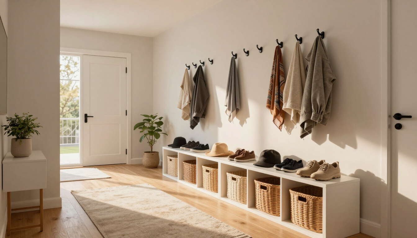 Bright entryway with coat hooks, wooden shoe bench, plants, and a sunlit rug