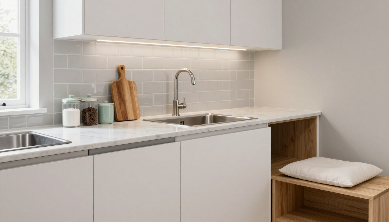 Modern minimalist kitchen with white cabinets, marble countertop, sink, and wooden shelving with a cushion seat