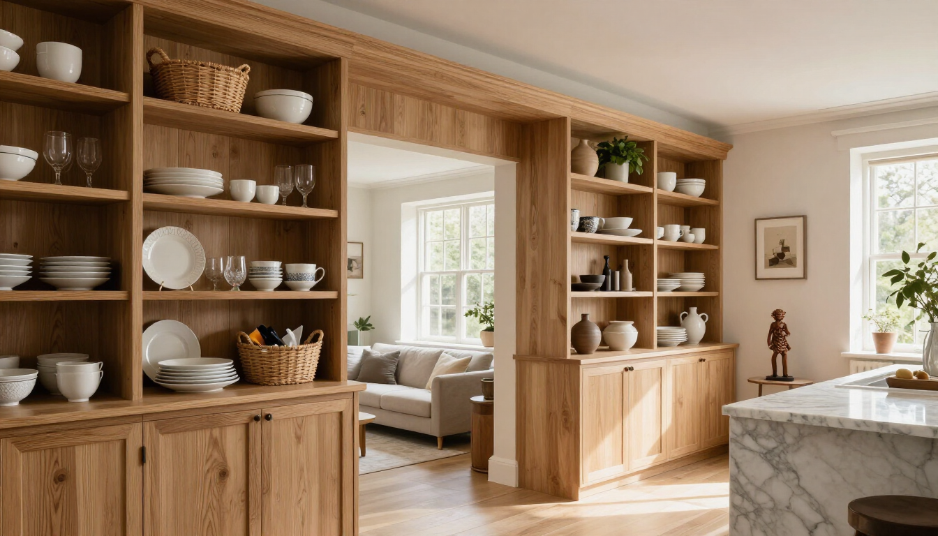 Bright wooden kitchen with open shelves, dishes, and a view into a cozy living room.