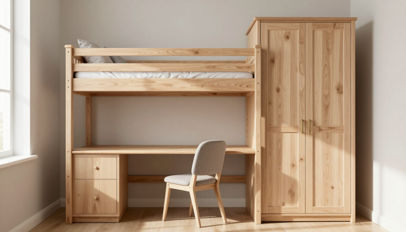 Wooden loft bed with desk, chair, and wardrobe in a bright minimalist room