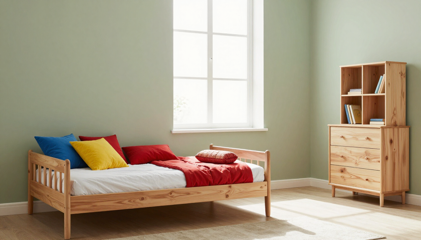 Minimal bedroom with a wooden bed, colorful pillows, red blanket, window, and dresser on a light green wall