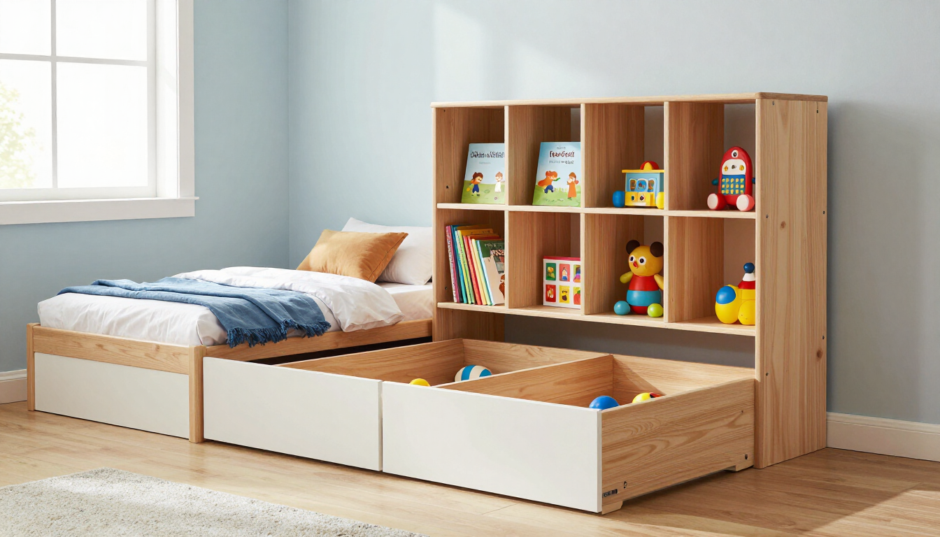 Wooden loft bed with pull-out storage drawers and built-in shelving in a bright child’s bedroom