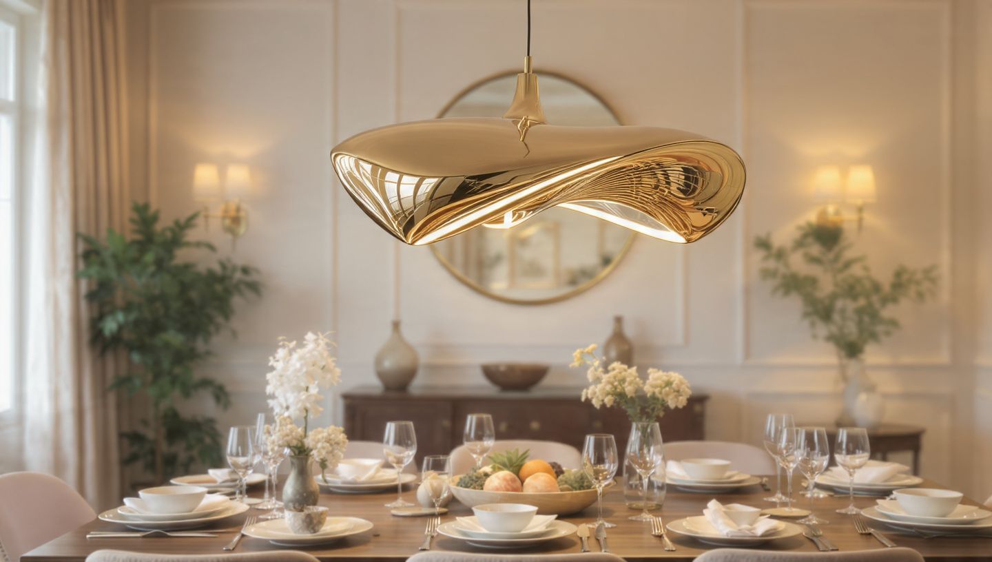 Elegant dining table set beneath a gold pendant light in a formal room